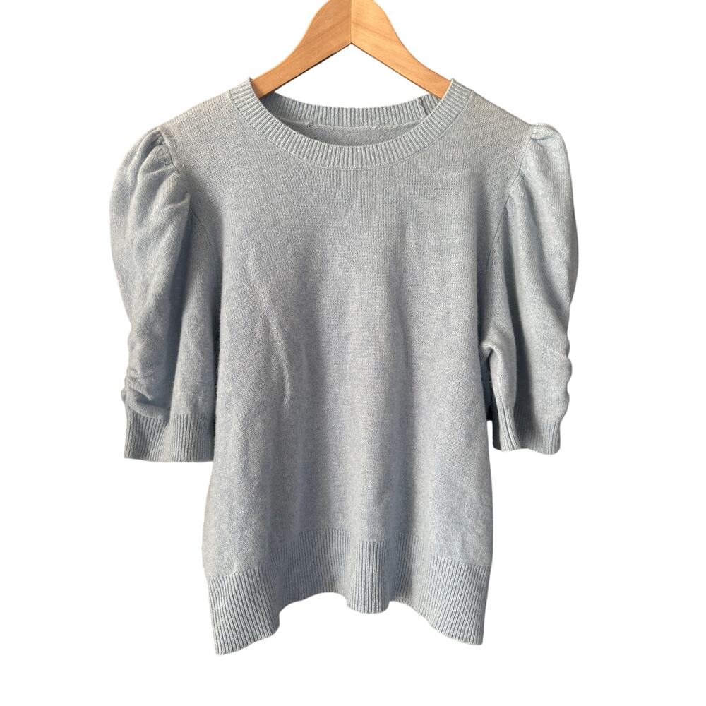 FRAME Frankie Cashmere Wool Puff-Sleeve Sweater – Blue Chambray, Size Large - Picture 2 of 6